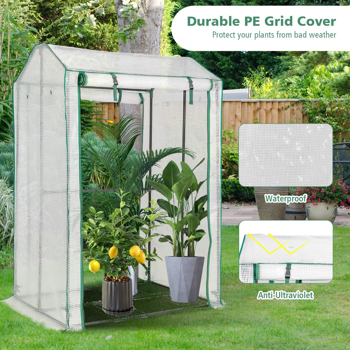 LIVSK Tuinserre - Ruimte voor Planten met Oprolbare Deuren en Luchtgaten - Duurzaam PE-Materiaal - 100 x 81 x 150 cm - Wit