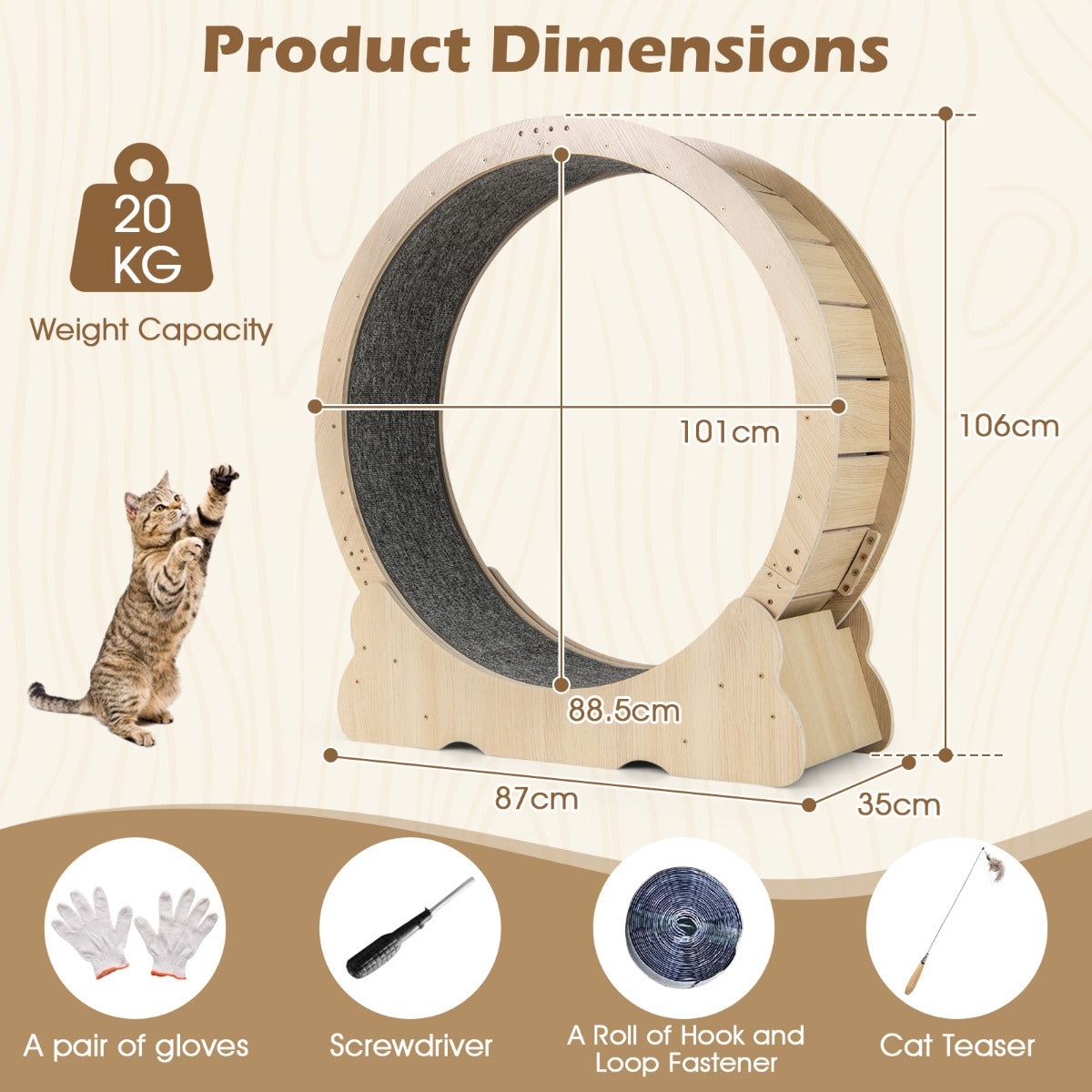 Livsk costway 101 cm groot trainingswiel voor katten kattenloopband met vergrendelbaar mechanisme gelambriste loopvlak 2