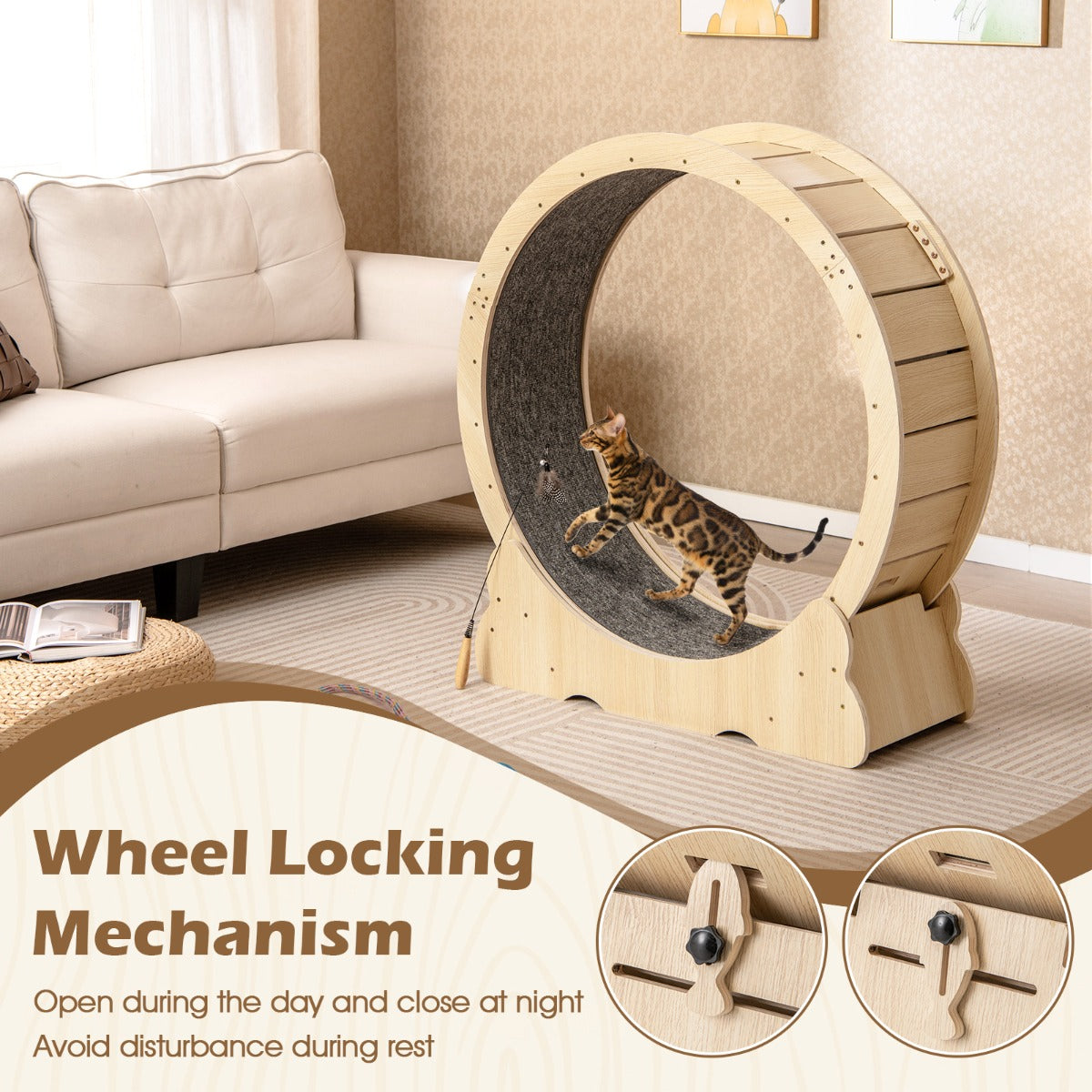 Livsk costway 101 cm groot trainingswiel voor katten kattenloopband met vergrendelbaar mechanisme gelambriste loopvlak 5