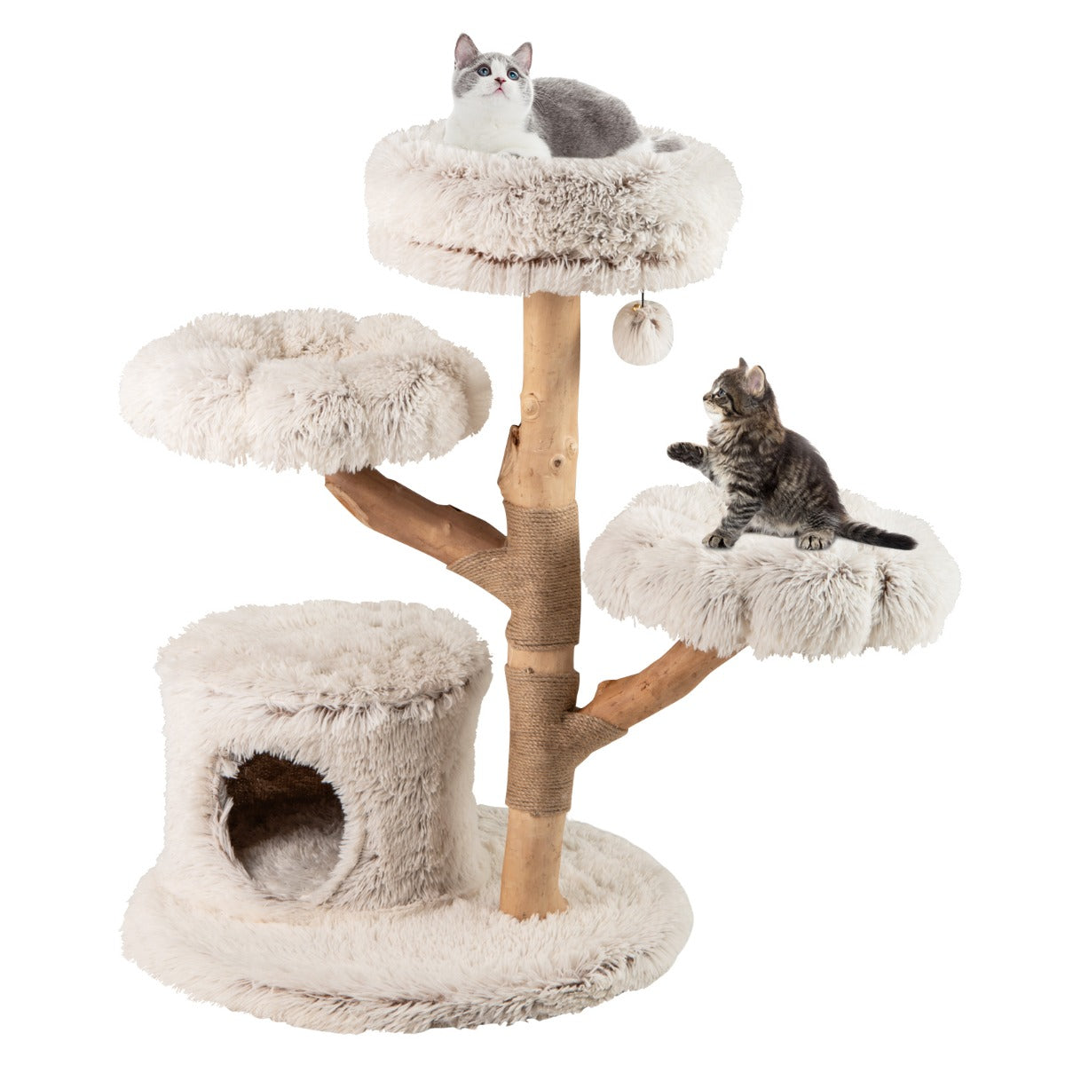 LIVSK Moderne Krabpaal met Bloemvormige Platforms - Massief Houten Stam - Pluche Stoffering - Speelse Jute - Touwen - Wit