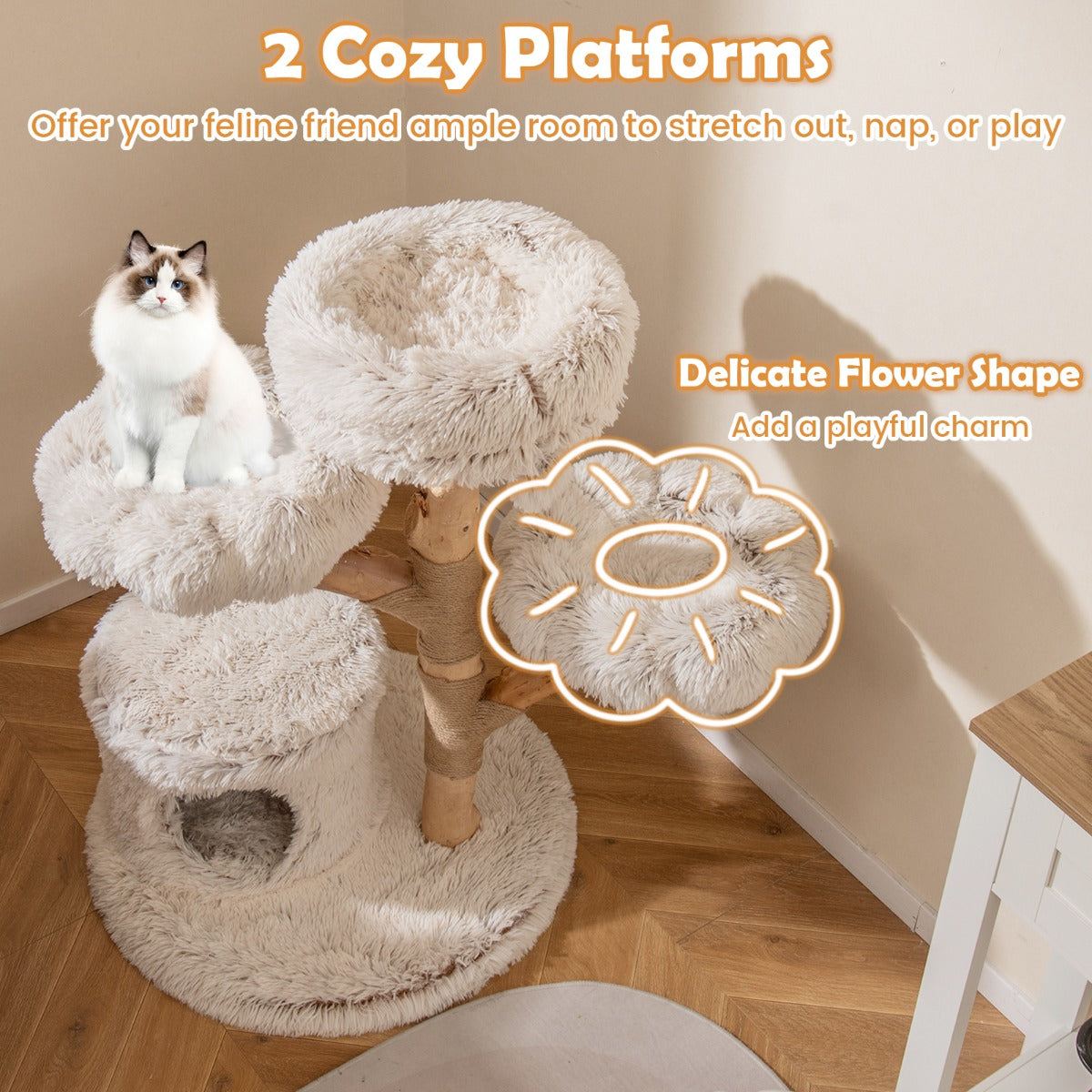 LIVSK Moderne Krabpaal met Bloemvormige Platforms - Massief Houten Stam - Pluche Stoffering - Speelse Jute - Touwen - Wit