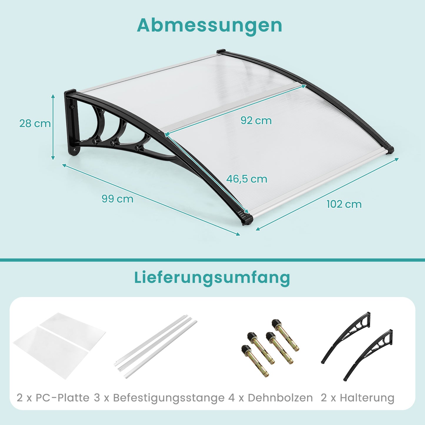 LIVSK Luifel voor Voordeur - Weerbestendig met UV-bescherming - Eenvoudige installatie - 102 x 99 x 28 cm - Zilver