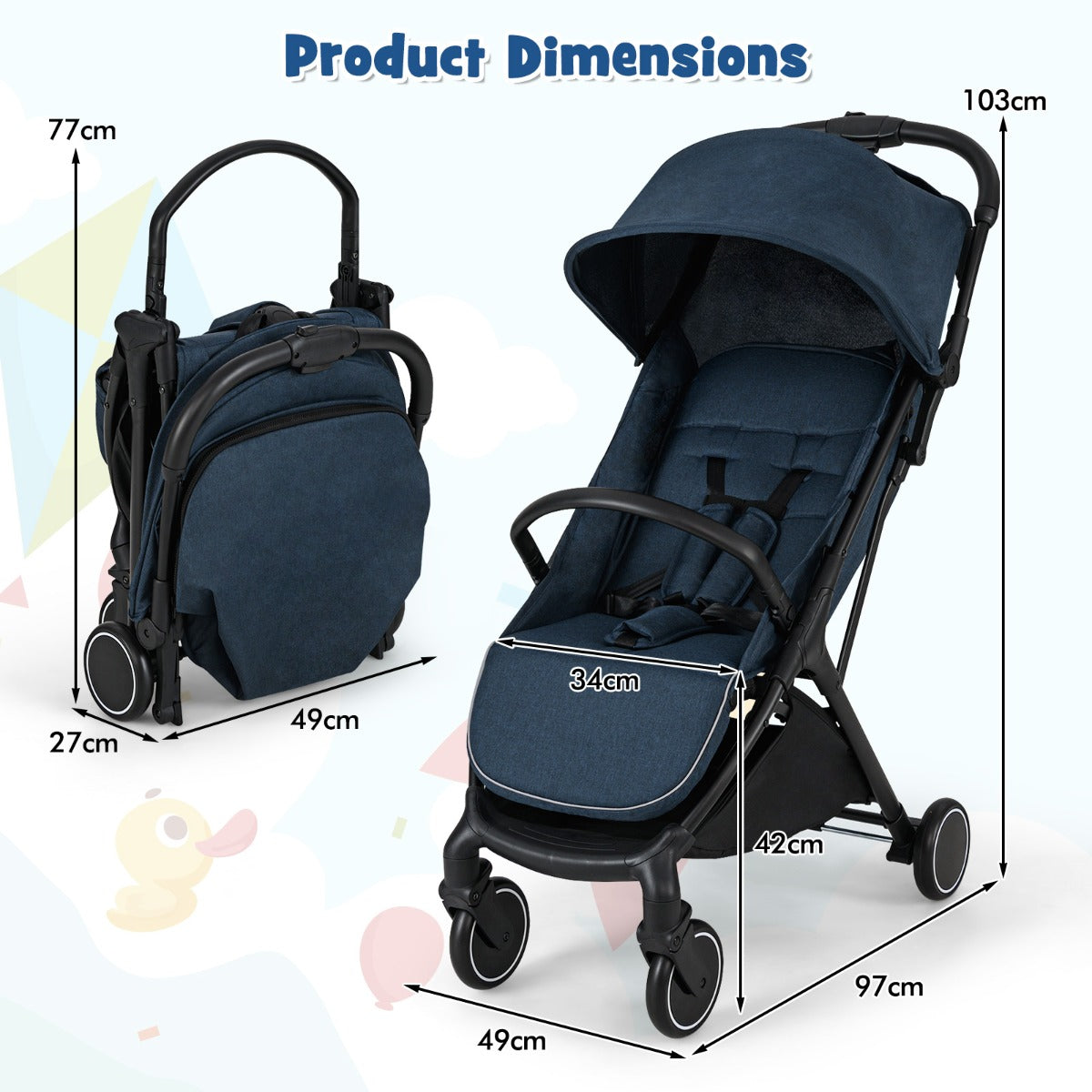LIVSK Lichtgewicht Kinderwagen - Inklapbaar met Eén Hand - Verstelbare Rugleuning - Schokabsorberende Wielen - Tot 15 kg - Zwart
