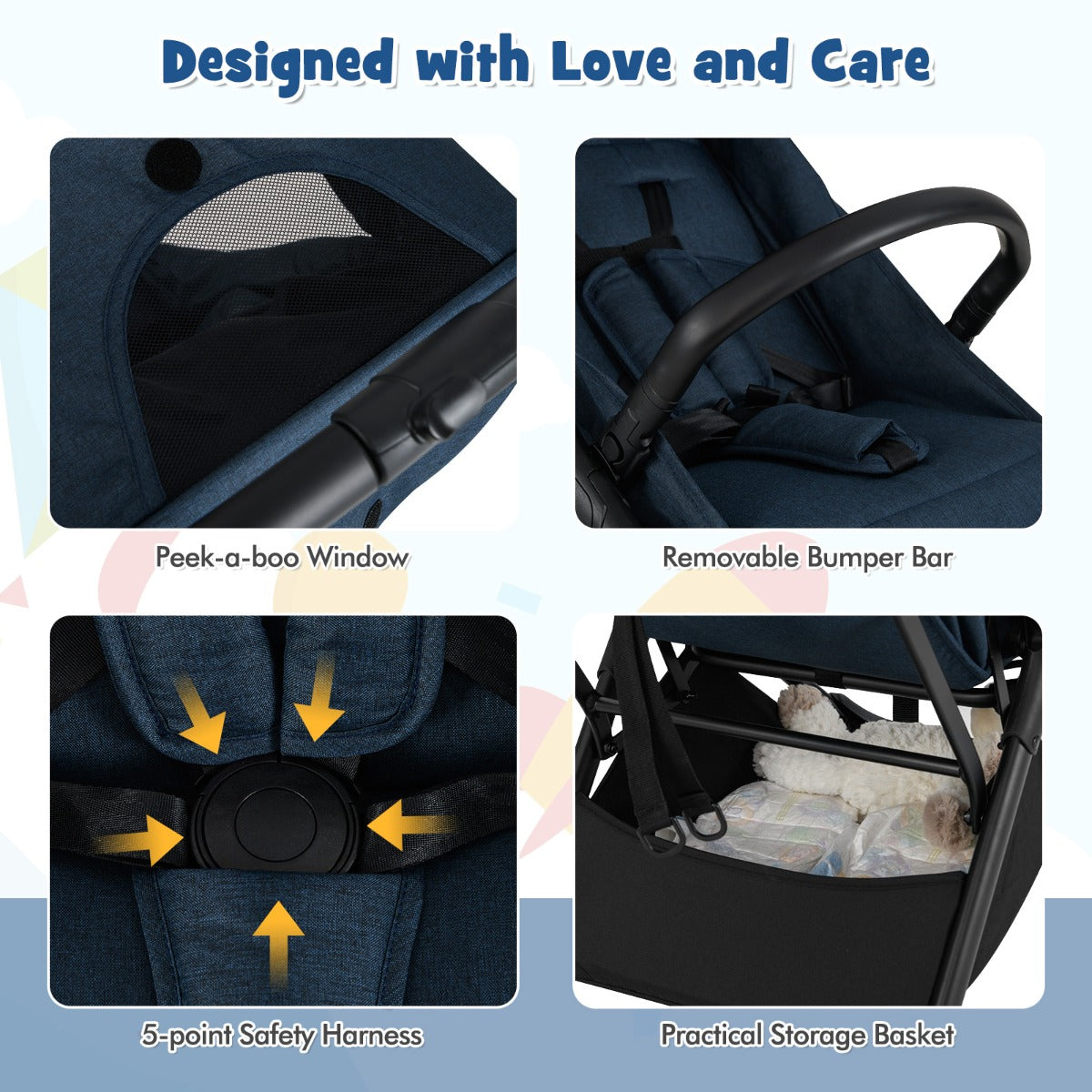 LIVSK Lichtgewicht Kinderwagen - Inklapbaar met Eén Hand - Verstelbare Rugleuning - Schokabsorberende Wielen - Tot 15 kg - Zwart