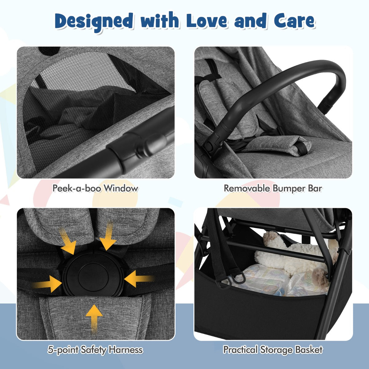 LIVSK Lichtgewicht Kinderwagen - Zwaartekracht Inklapbaar - Verstelbare Rugleuning - Schokabsorberende Wielen - Tot 15 kg - Zwart
