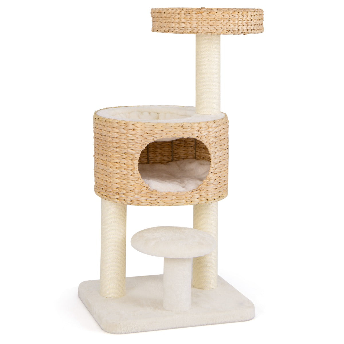 LIVSK Kattentoren - Interactief Speelgoed - Pluche Bed en Hol - Sisal Krabzuilen - Veilig en Stabiel - Beige + Naturel