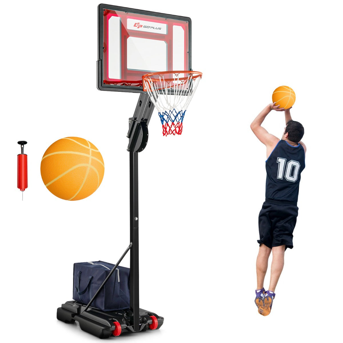 LIVSK Draagbare Basketbalring - Verstelbaar van 1,05m tot 2,60m - Onbreekbaar PET Bord - Vulbare Basis - 2 Wielen - Zwart