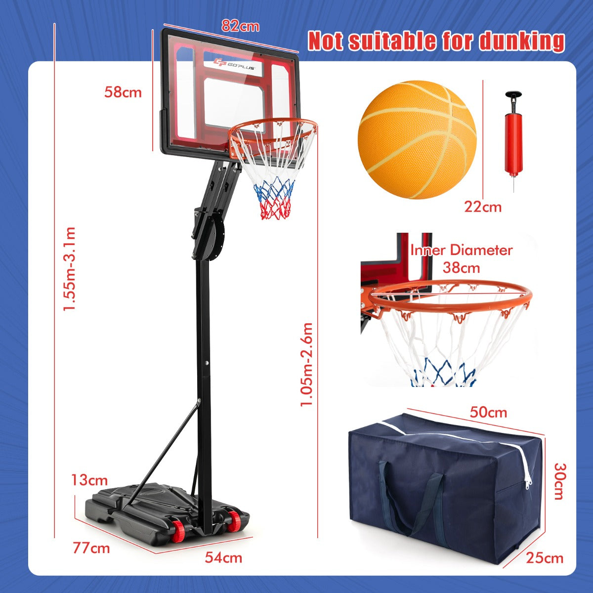 LIVSK Draagbare Basketbalring - Verstelbaar van 1,05m tot 2,60m - Onbreekbaar PET Bord - Vulbare Basis - 2 Wielen - Zwart