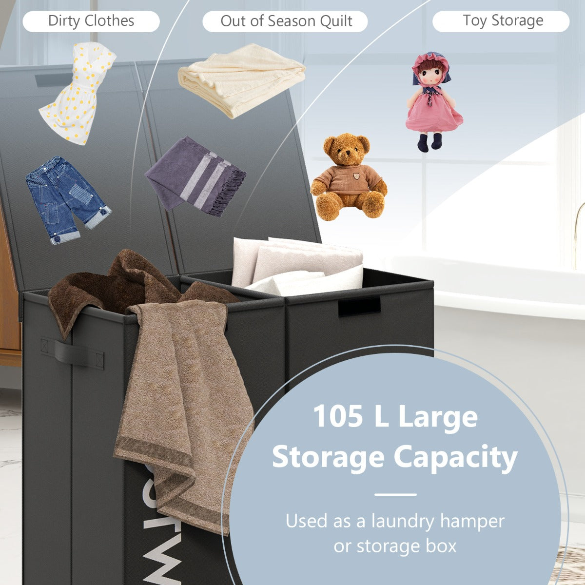 LIVSK 2-voudige wasmand met deksel - 105L - 2 uitneembare netzakken - Handgrepen - Waterdicht - Zwart + rustiek bruin