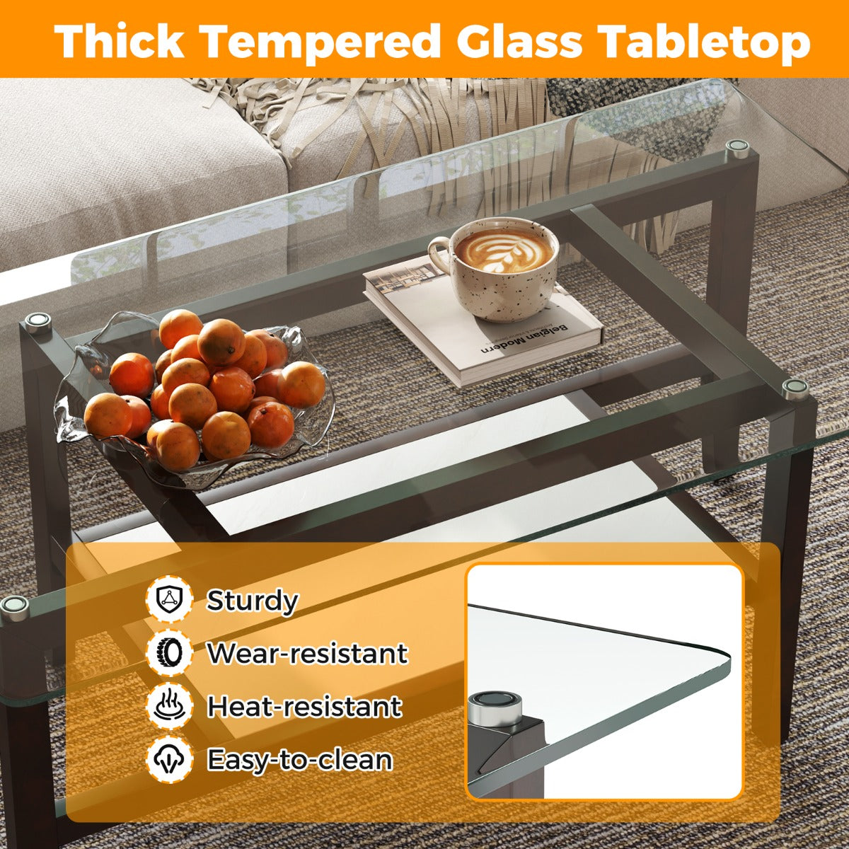 LIVSK Salontafel met Opbergplank - Gehard Glas - Rubberhouten Poten - 107 x 60 x 42 cm - Duurzaam en Elegant - Transparant en