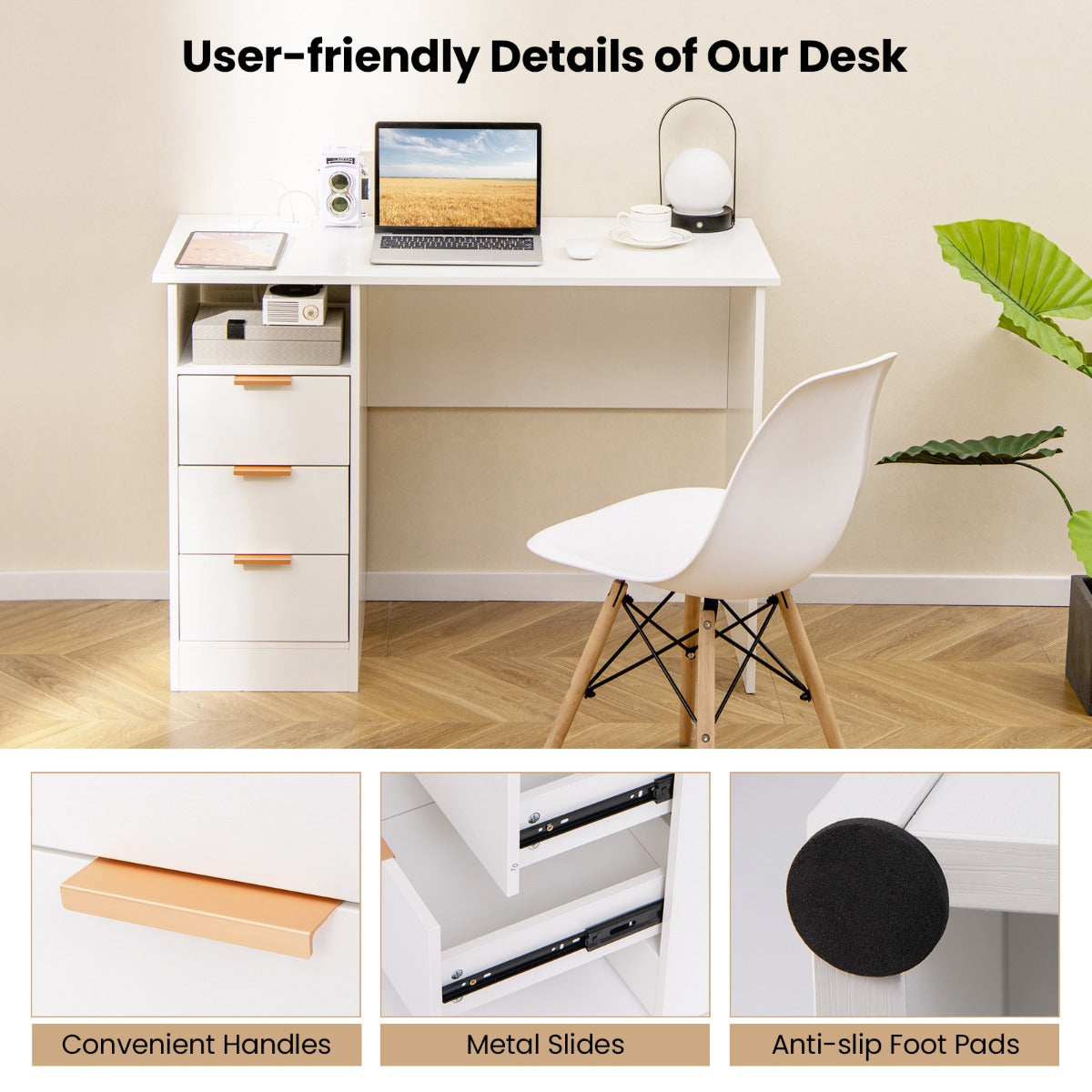 LIVSK Bureau met Geïntegreerd Oplaadstation - 3 Lades - Open Opbergplank - Tot 135 kg - Wit en goud