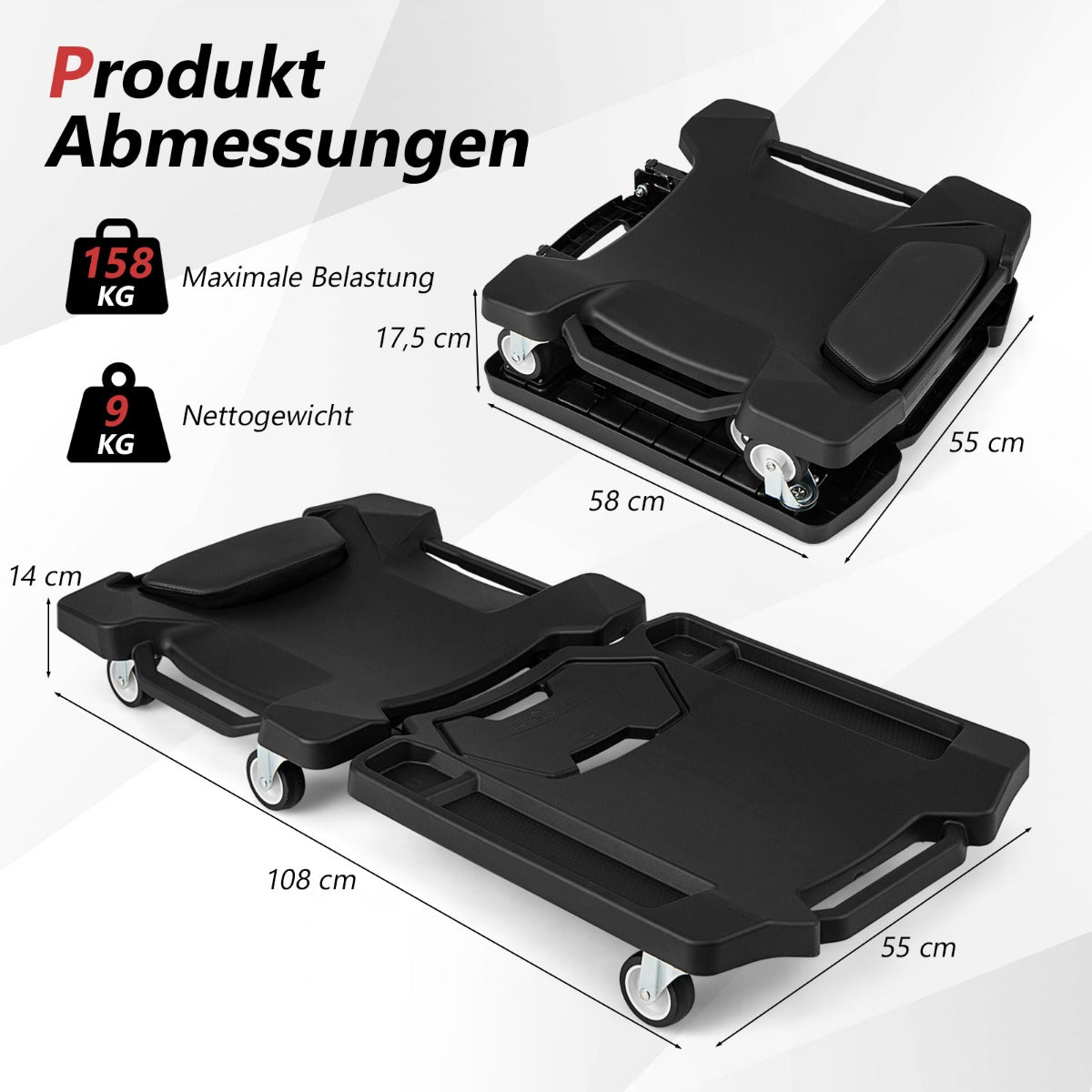 LIVSK Opvouwbaar Montage Rolboard - 6 Draaibare Wielen - Draagvermogen tot 158 kg - Gevoerde Hoofdsteun - Zwart