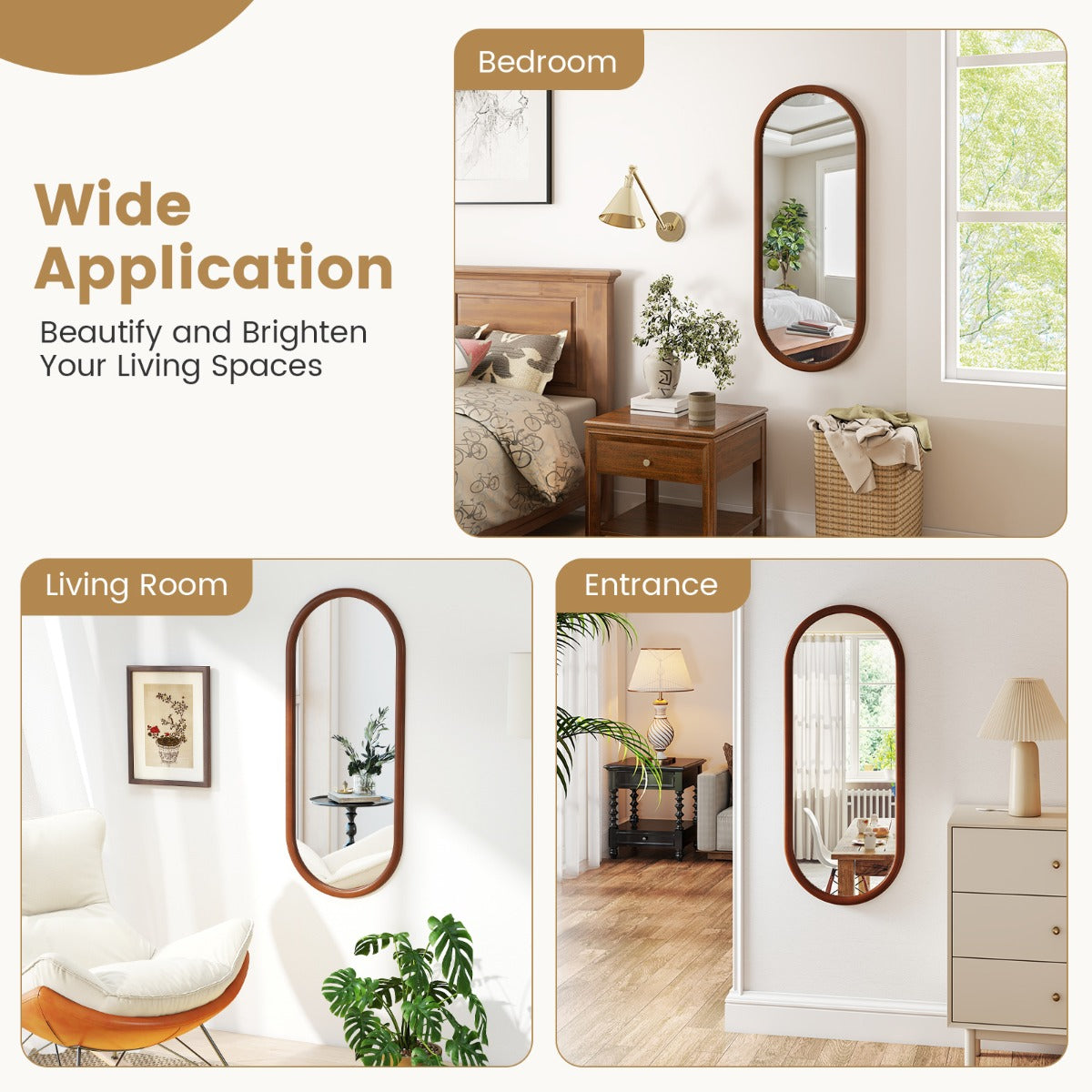 LIVSK Ovale Wandspiegel - Massief Houten Frame - Kristalhelder - Eenvoudige Montage - 110 x 45 cm - Walnoot
