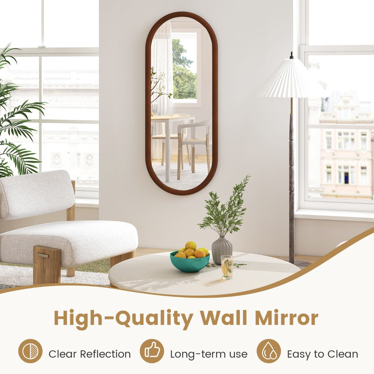 LIVSK Ovale Wandspiegel - Massief Houten Frame - Kristalhelder - Eenvoudige Montage - 110 x 45 cm - Walnoot