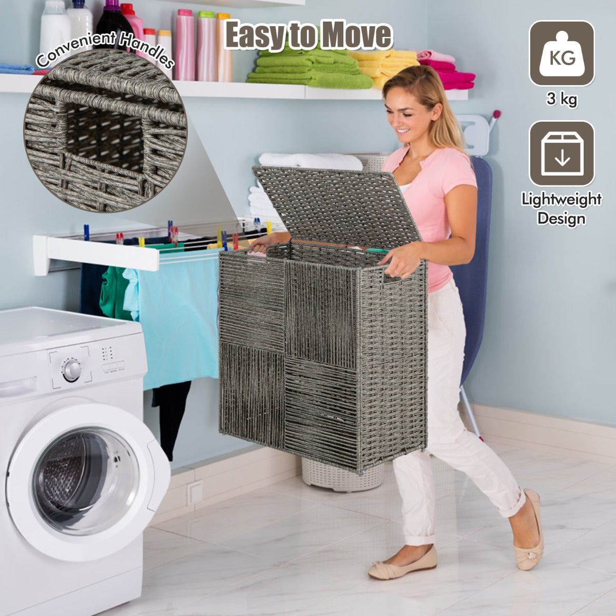 Livsk costway 110l wasmand met deksel met praktische handgrepen en uitneembare binnenzak 2 delige opvouwbare wasmand grijs 3