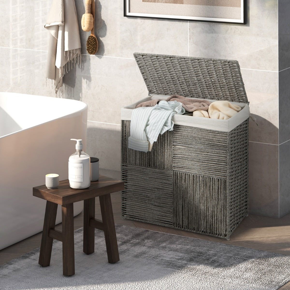 Livsk costway 110l wasmand met deksel met praktische handgrepen en uitneembare binnenzak 2 delige opvouwbare wasmand grijs 6