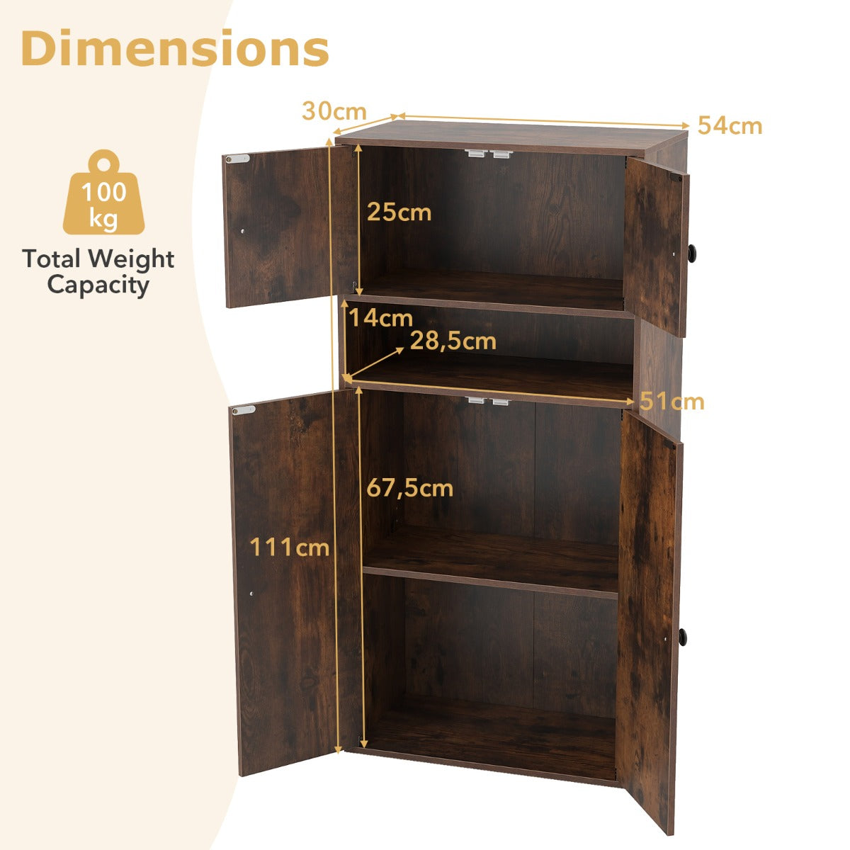 Livsk costway 111 cm hoge boekenkast met 4 deuren opbergorganizer met 4 verdiepingen en verstelbare planken bruin 1 1