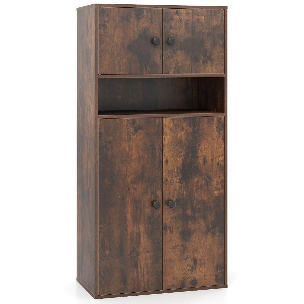 Livsk costway 111 cm hoge boekenkast met 4 deuren opbergorganizer met 4 verdiepingen en verstelbare planken bruin