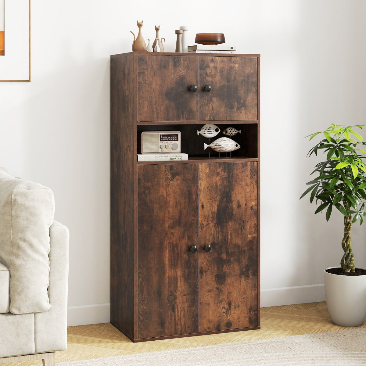 Livsk costway 111 cm hoge boekenkast met 4 deuren opbergorganizer met 4 verdiepingen en verstelbare planken bruin 6