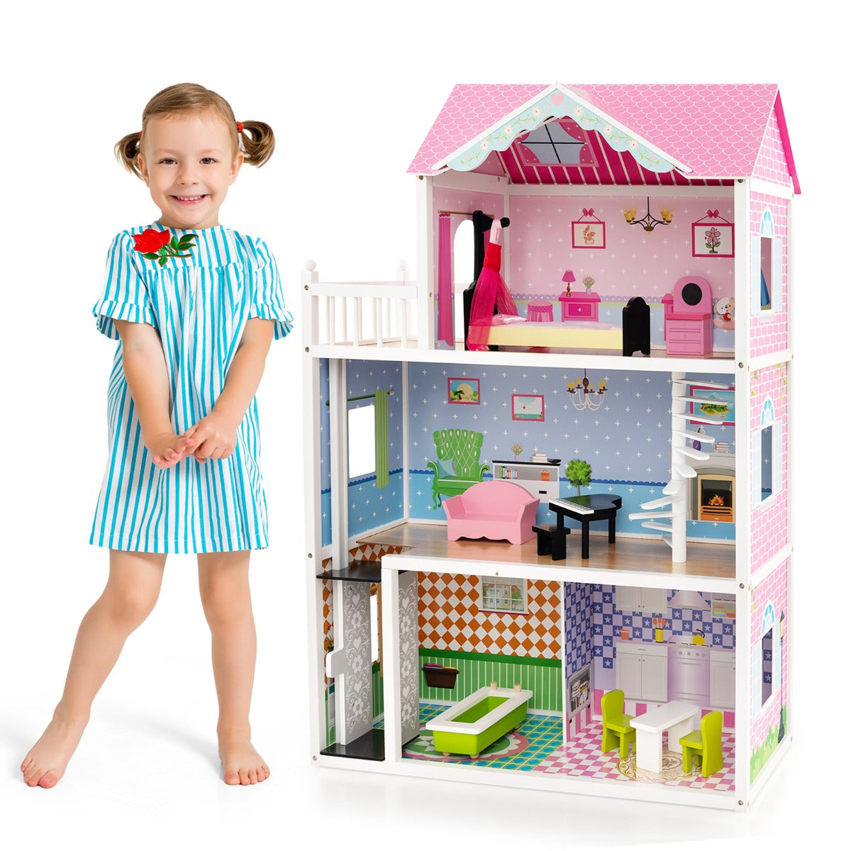 LIVSK Interactief Poppenhuis - 3 Verdiepingen met Lift en Trap - 10 Minimeubels - Massief Hout - Voor Kinderen 3+ - Roze