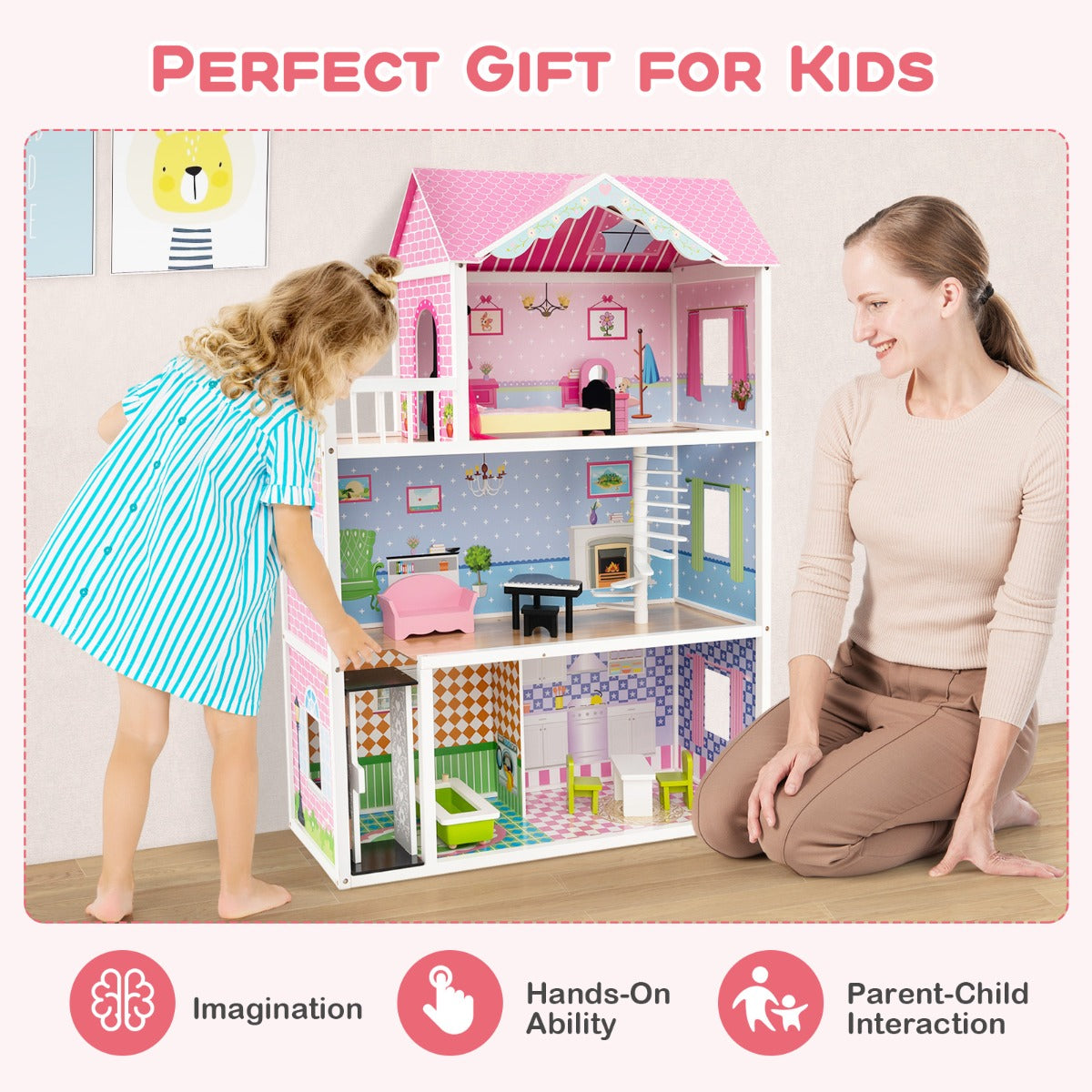 LIVSK Interactief Poppenhuis - 3 Verdiepingen met Lift en Trap - 10 Minimeubels - Massief Hout - Voor Kinderen 3+ - Roze