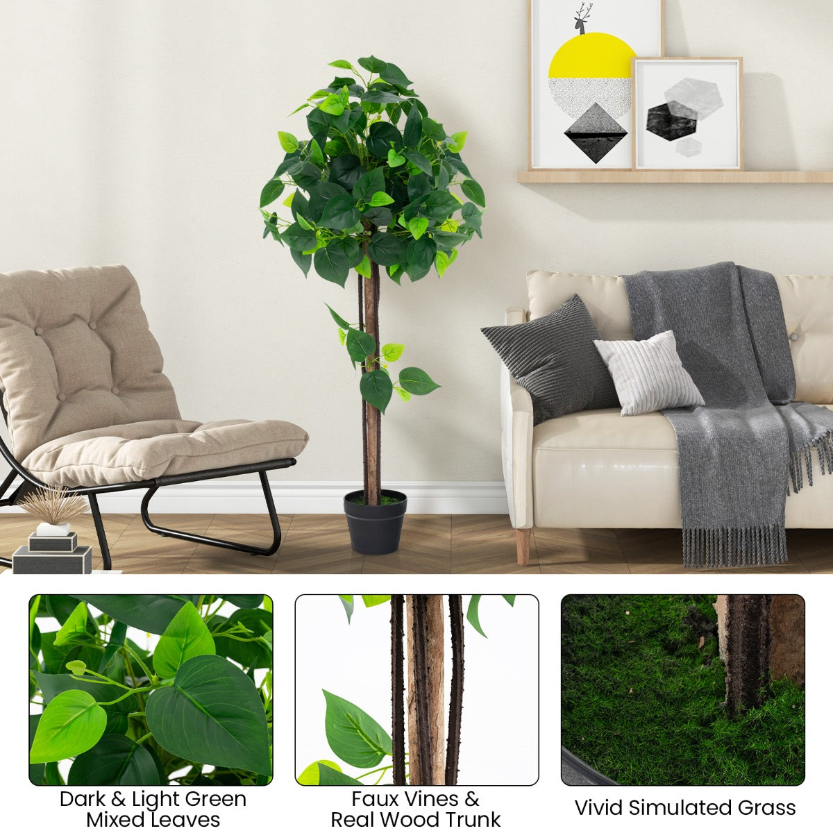 LIVSK Kunstmatige Hortensiaboom - Realistische Bladeren - Echte Houten Stam - Onderhoudsvrij - 114 cm - Groen en zwart