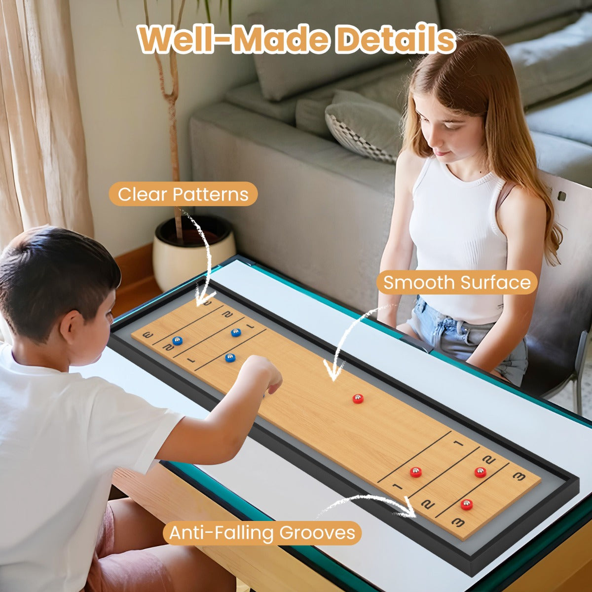 Livsk costway 114 cm tafel shuffleboard curling 2 in 1 bordspel met 8 schijven draagbare houten shuffleboard curling combiset 5