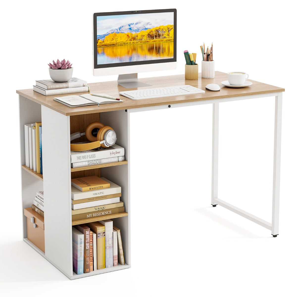 Livsk costway 115 cm computertafel modern thuiskantoor met 5 opbergvakken bureau voor pc werkplek naturel wit 1 3