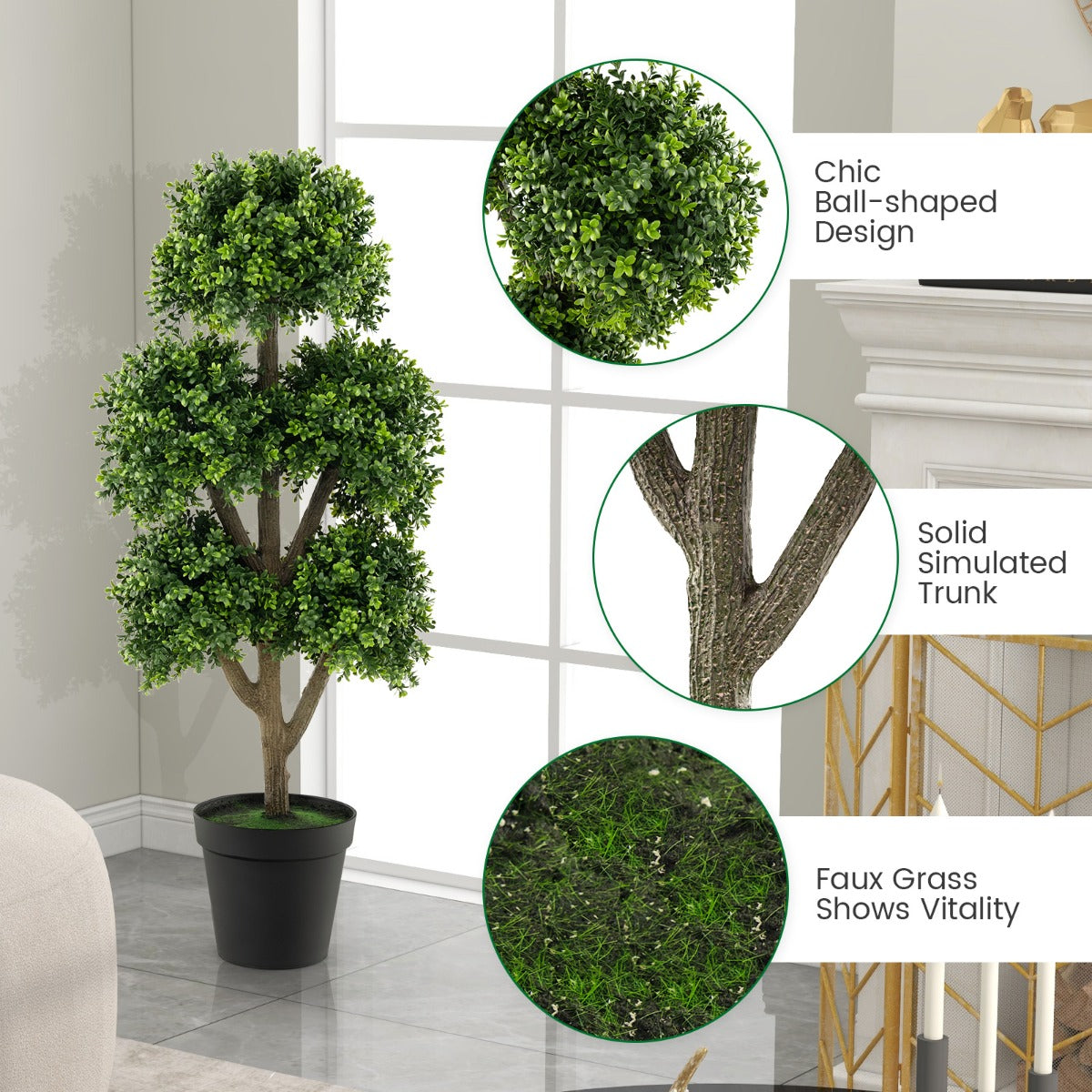 LIVSK Kunstmatige Buxus Balboom - Realistische Uiterlijk met Groene Bladeren - Onderhoudsvrij - Stabiliteit met Cement Pot - 115