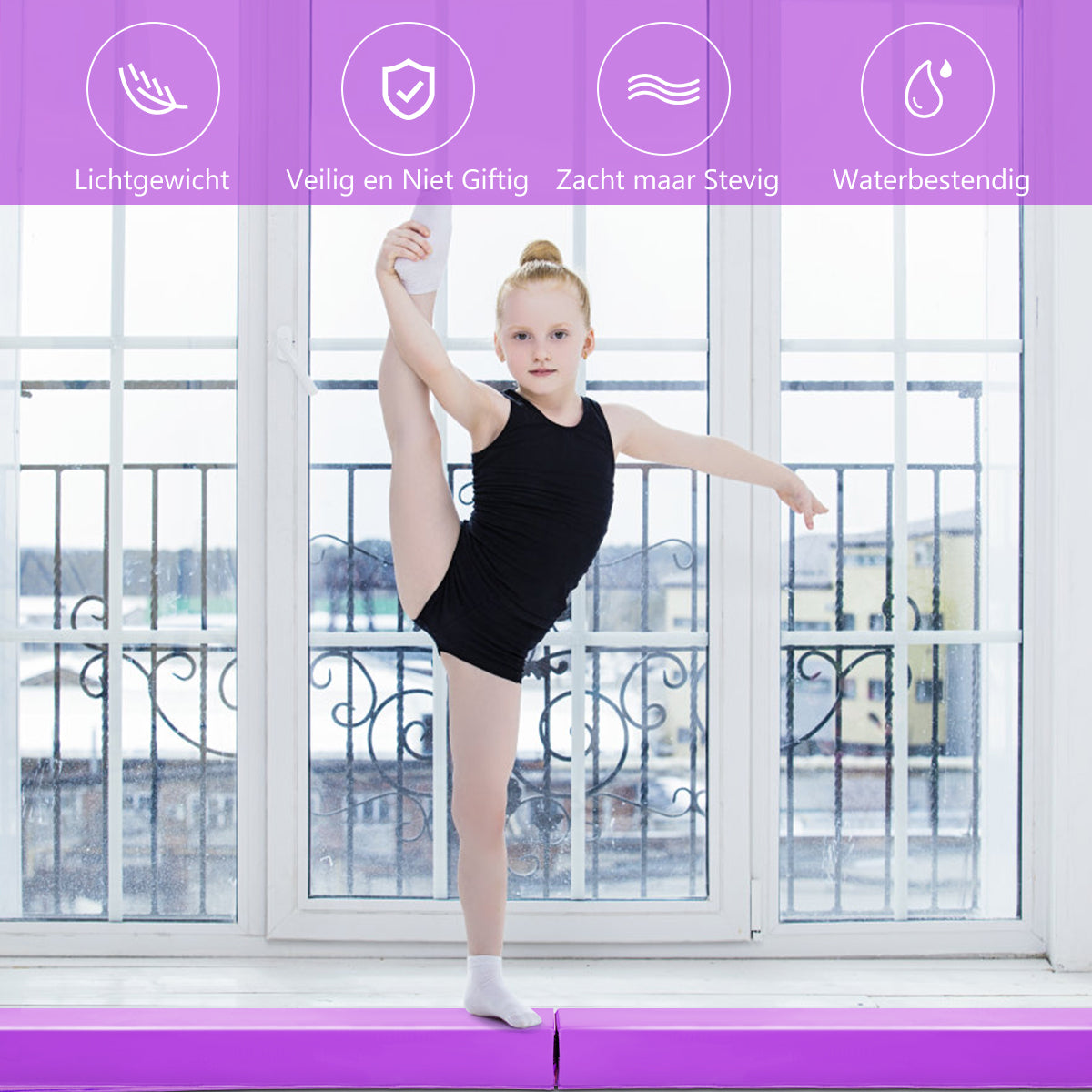 LIVSK Balansbalk Gymnastiek Training - EVA & EPE Vulling - Klittenbandsluiting - 117 x 10/20 x 10 cm - Paars