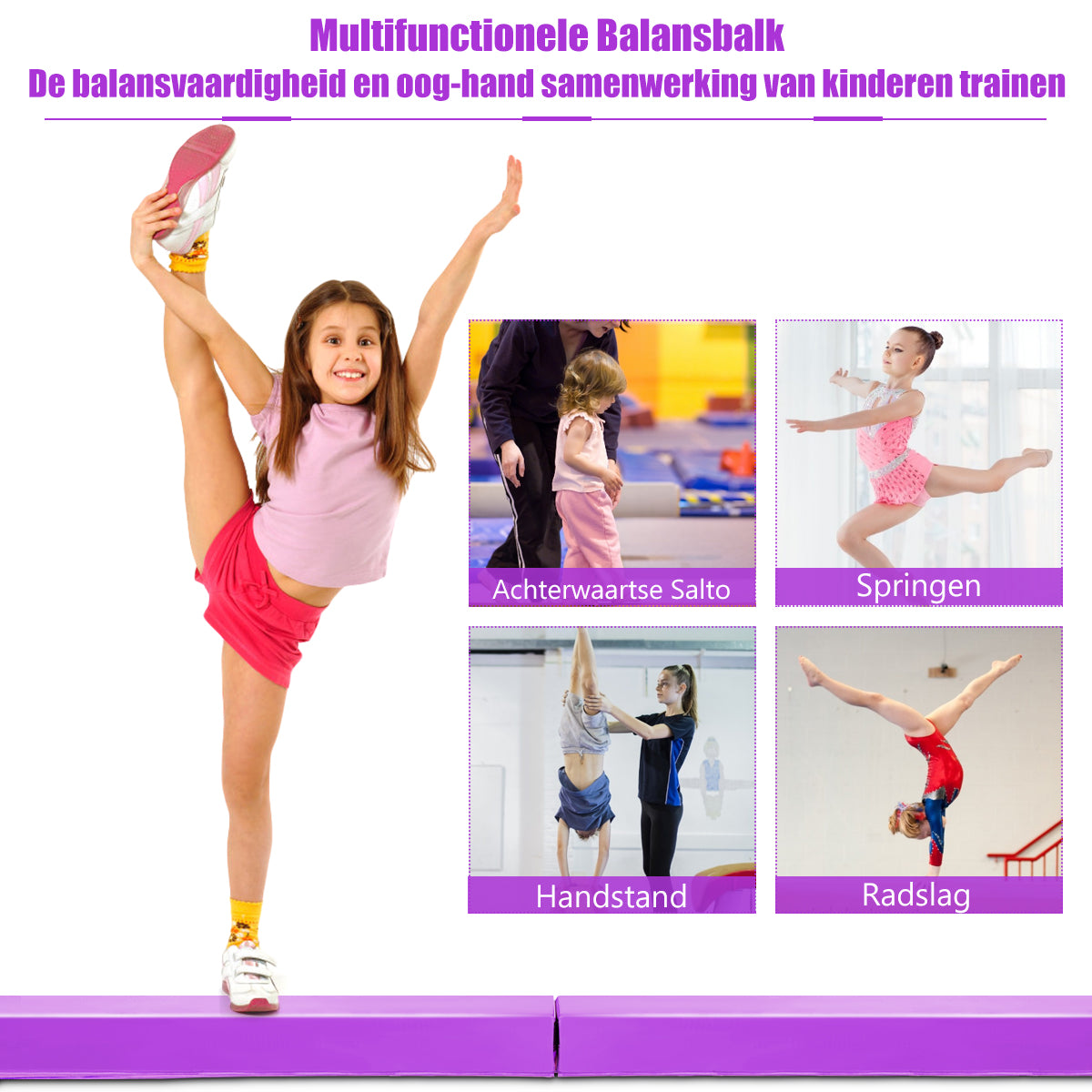 LIVSK Balansbalk Gymnastiek Training - EVA & EPE Vulling - Klittenbandsluiting - 117 x 10/20 x 10 cm - Paars