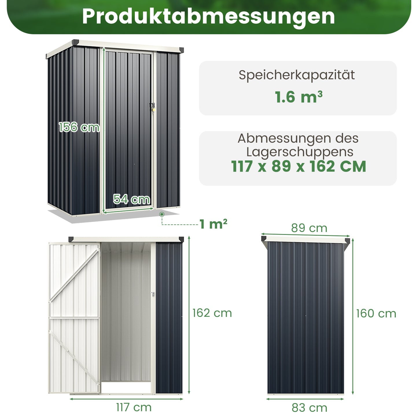 LIVSK Metalen Buitenbergruimte - Weerbestendig Staal - Afsluitbaar - 1,6 m³ - Eenvoudige Montage - 117 x 89 x 162 cm - Grijs