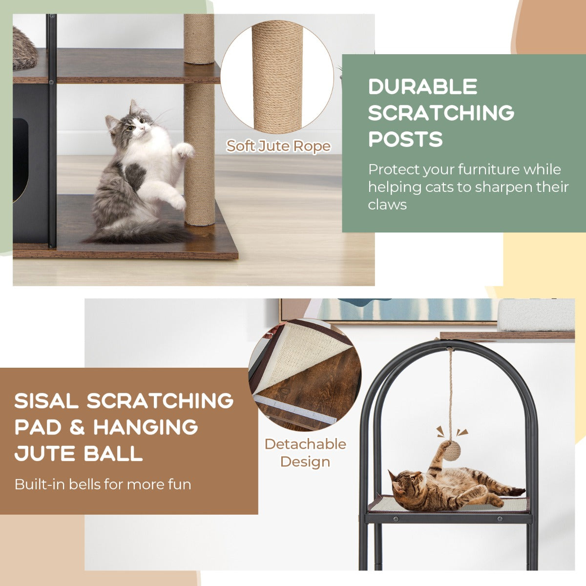 LIVSK Kattenboom - Comfortabel Bovenste Platform - Jute Krabplank en Hangende Bal - Stevig Metalen Frame - 80 x 40 x 118 cm -