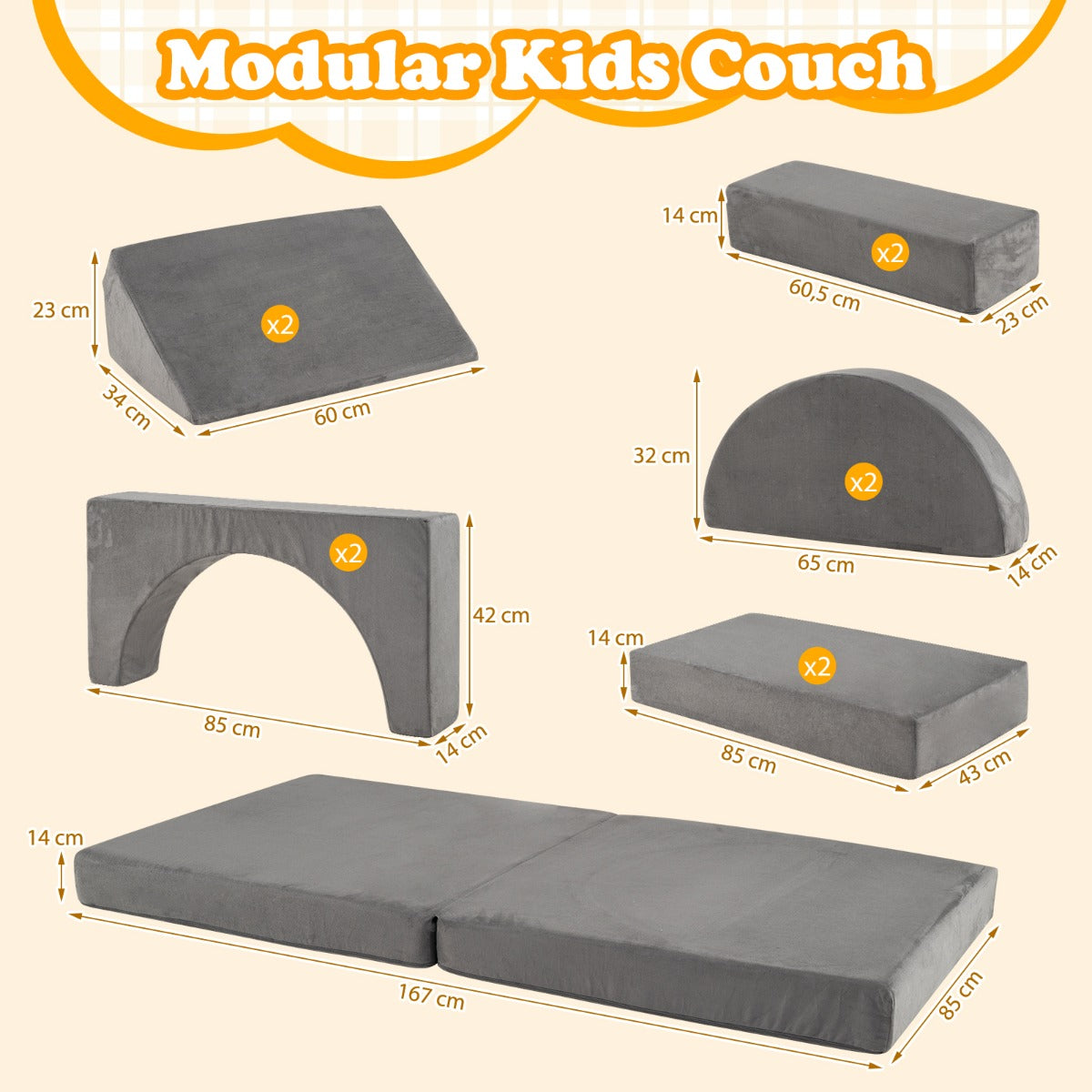 Livsk costway 12 delige modulaire kinderbank omvormbare speelbank met machinewasbare hoezen vulling van schuim met hoge dichtheid 1 1