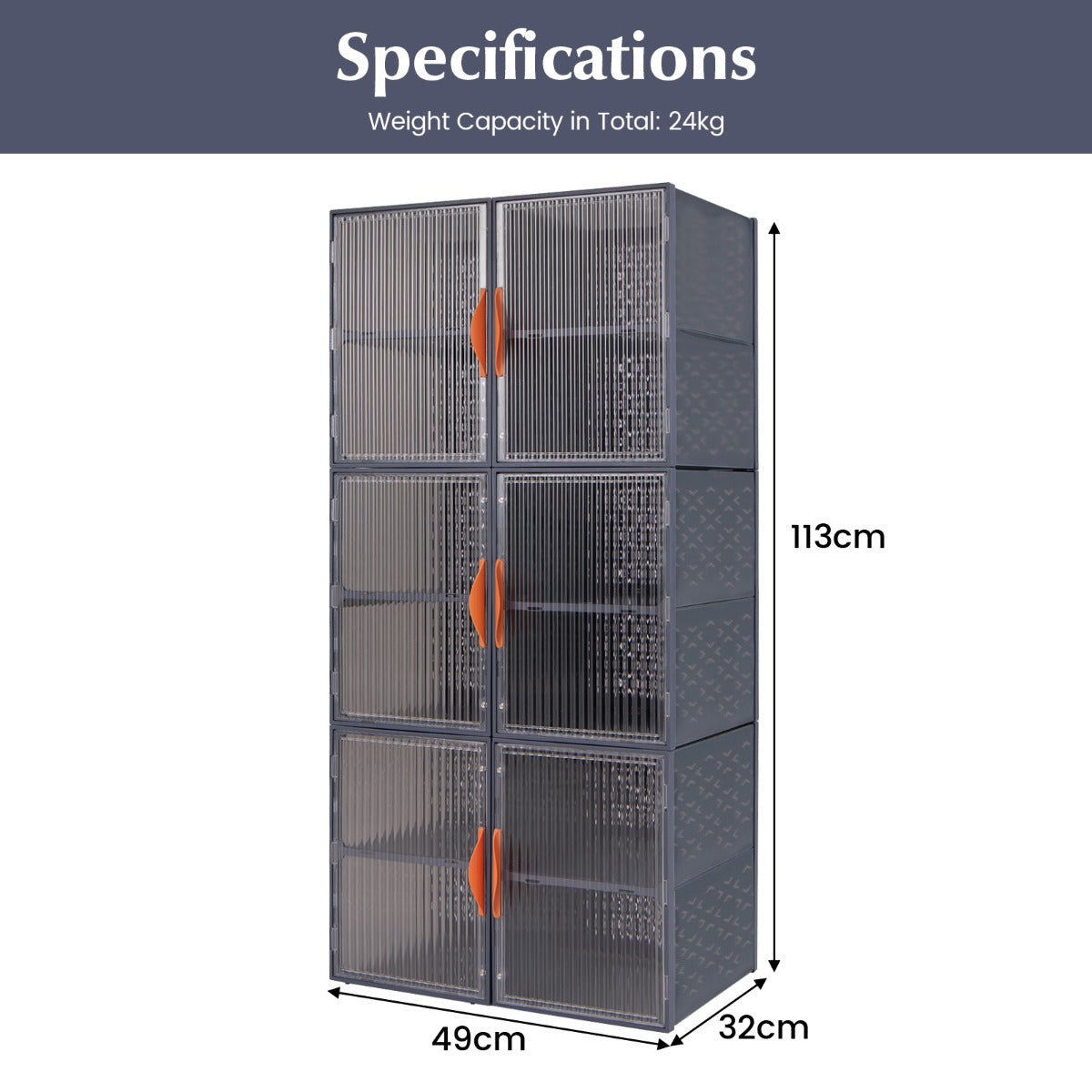 LIVSK Opvouwbare Stapelbare Opbergbakken - Magnetische Sluitingen - Transparante Deur - Set van 6 - 49 x 32 x 113 cm - Grijs
