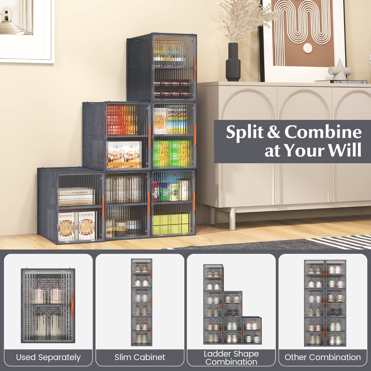 LIVSK Opvouwbare Stapelbare Opbergbakken - Magnetische Sluitingen - Transparante Deur - Set van 6 - 49 x 32 x 113 cm - Grijs