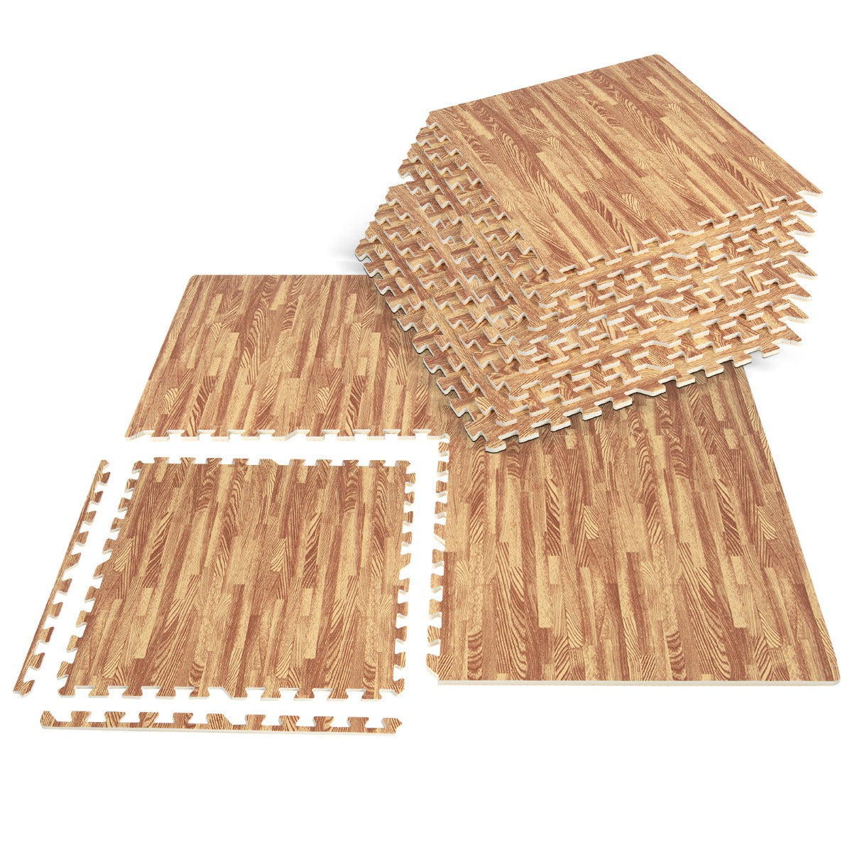 Livsk costway 12 stuks vloermat met houtnerf 61 x 61 cm schuimtegels vloertegels met randen beschermende vloerbedekking terrasmat voor thuis en kelder 1 1