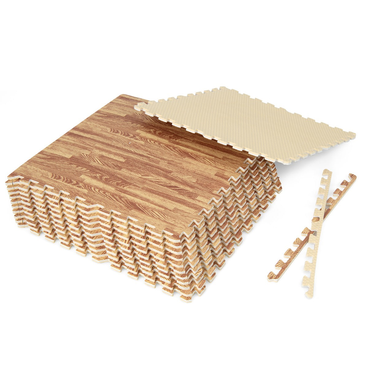 Livsk costway 12 stuks vloermat met houtnerf 61 x 61 cm schuimtegels vloertegels met randen beschermende vloerbedekking terrasmat voor thuis en kelder 2