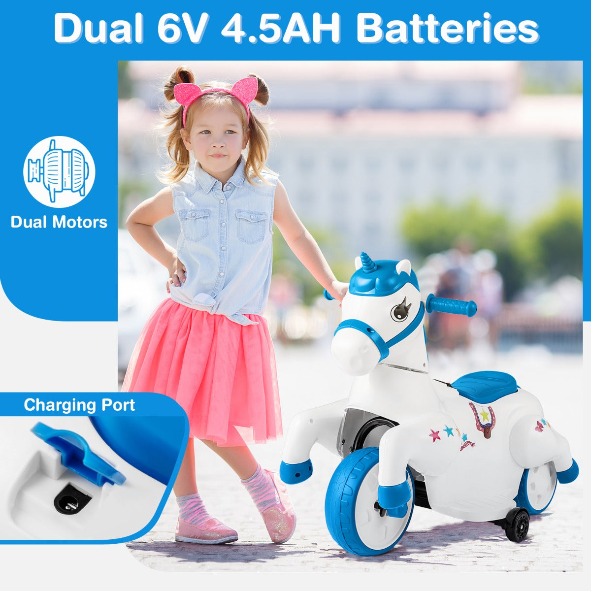 LIVSK Rijdende Eenhoorn - 2 Rijmodi - Veiligheid tot 30 kg - Muziek en LED-verlichting - Voor kinderen vanaf 3 jaar - Blauw en Wit
