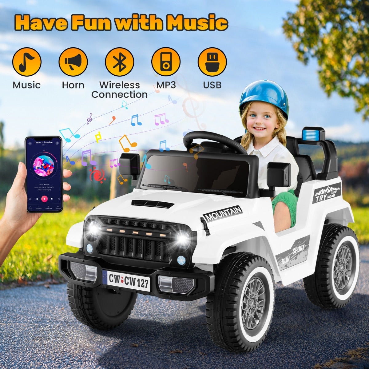 LIVSK Kinderjeep met Afstandsbediening - Veiligheidsgordel - MP3 Speler - 2 Motoren - Geschikt voor 3-8 jaar - Wit
