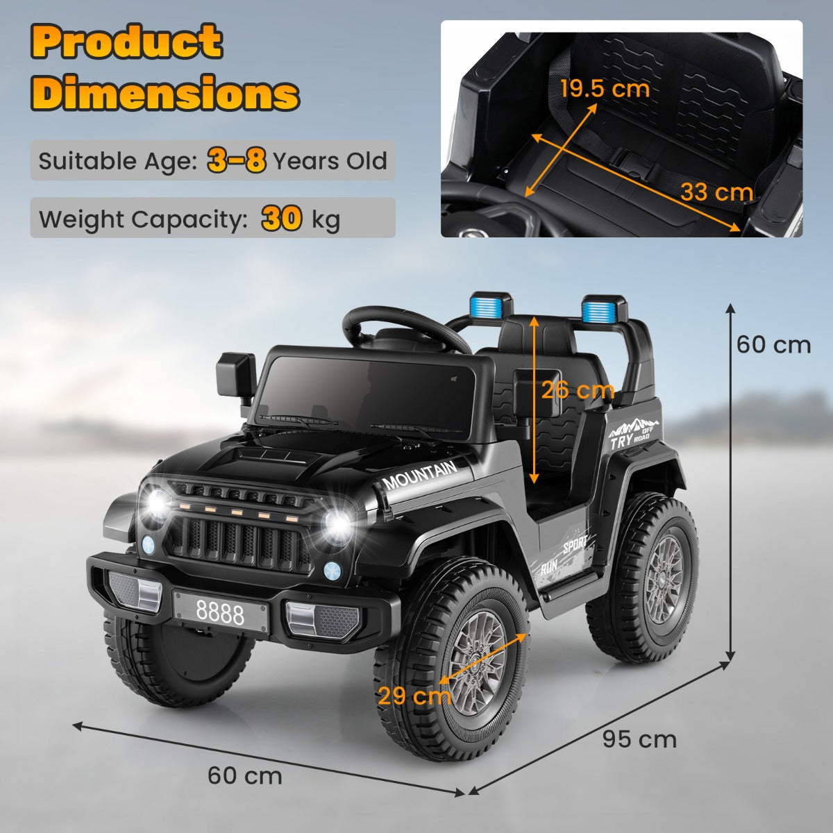LIVSK Kinderjeep met Afstandsbediening - Dubbele Motor - Veiligheidsgordel - MP3 Speler - Voor 3-8 Jaar - 60 x 95 x 60 cm - Zwart