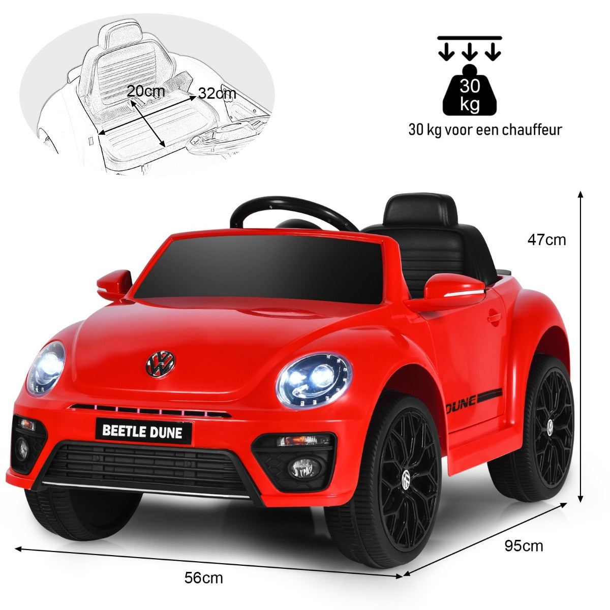 LIVSK Elektrische Kinderauto Beetle - Afstandsbediening, Verlichting, Veiligheidsgordel - Tot 30 kg - 95 x 56 x 47 cm - Rood