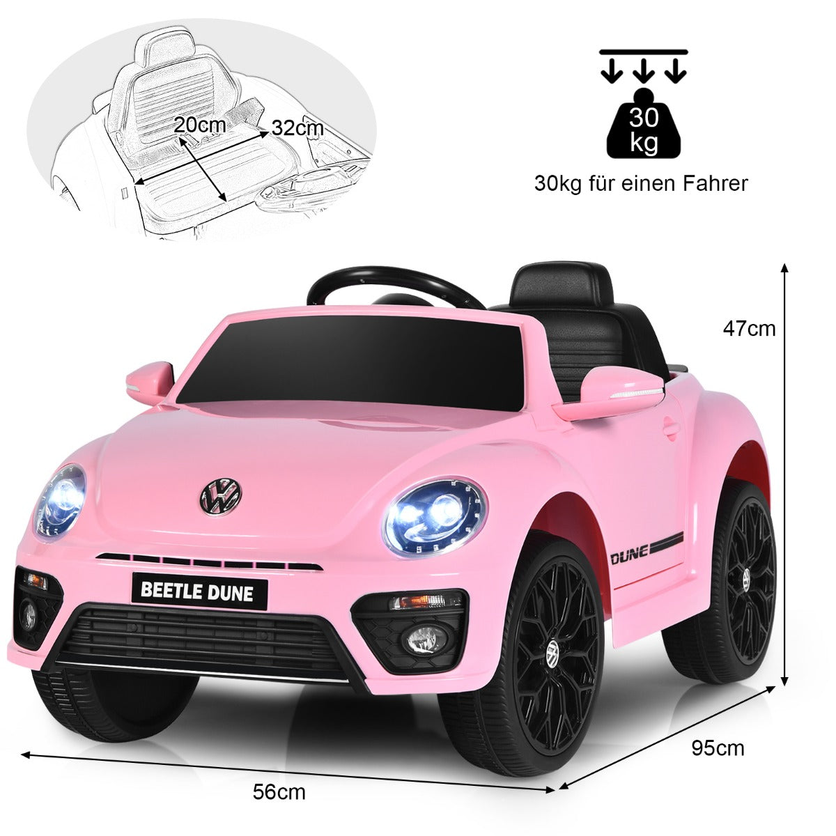 LIVSK Elektrische Kinderauto VW Kever - Afstandsbediening, Verlichting, Veersysteem - 12V 4,5Ah - Voor 3-8 jaar - Roze