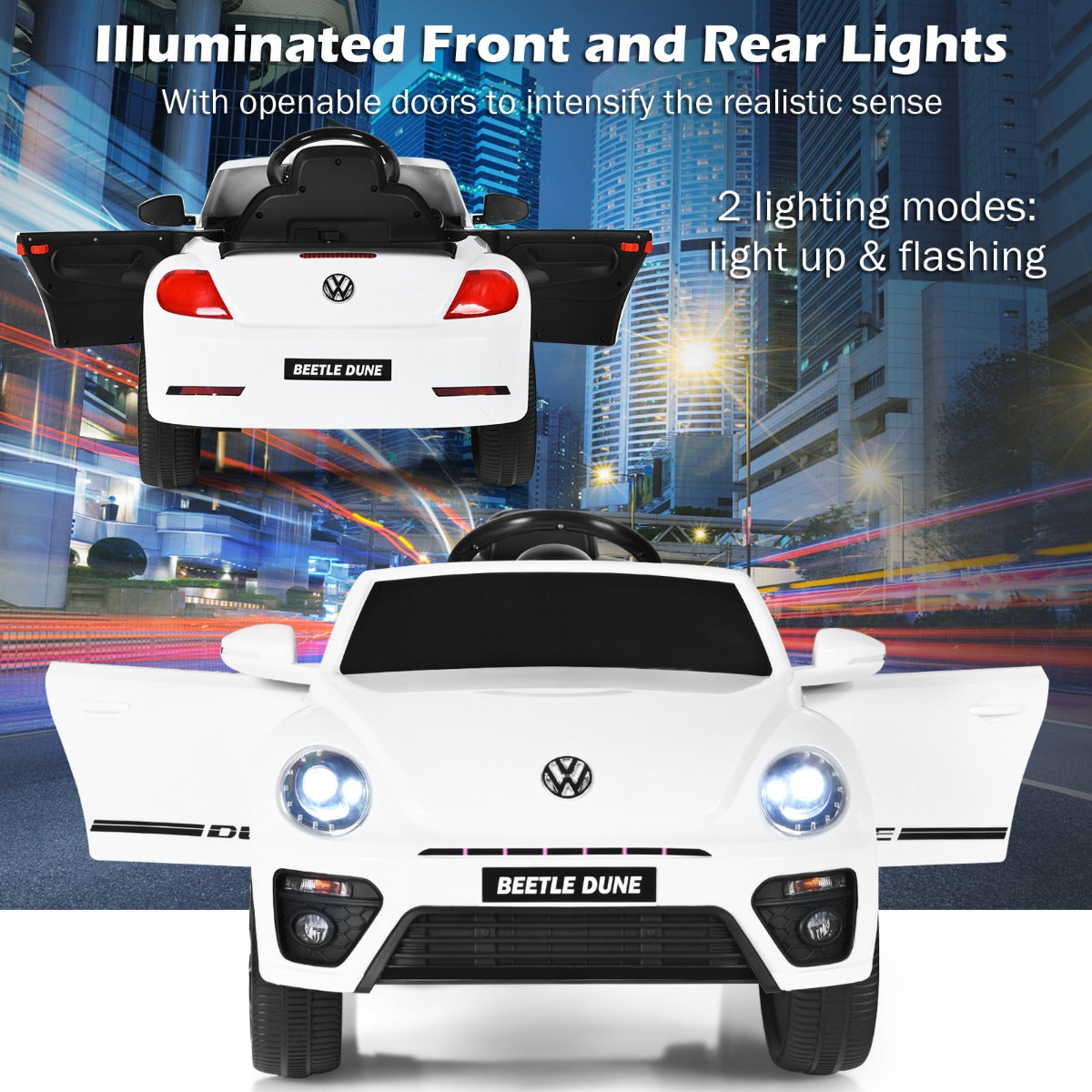 LIVSK Elektrische Kinderauto Beetle - Officiële Volkswagen Licentie - Afstandsbediening - Muziek en Bluetooth - 95 x 56 x 47 cm -