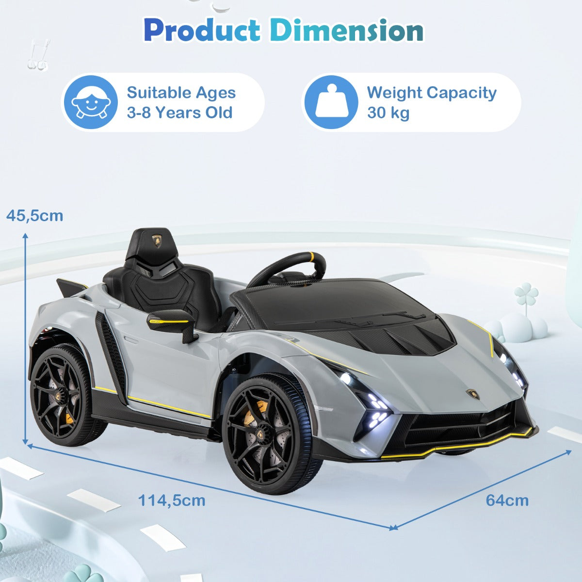 LIVSK Lamborghini Elektrische Kinderauto - 4WD met Afstandsbediening - LED-verlichting - 12V Accu - Voor 3-8 jaar - Grijs/Roze