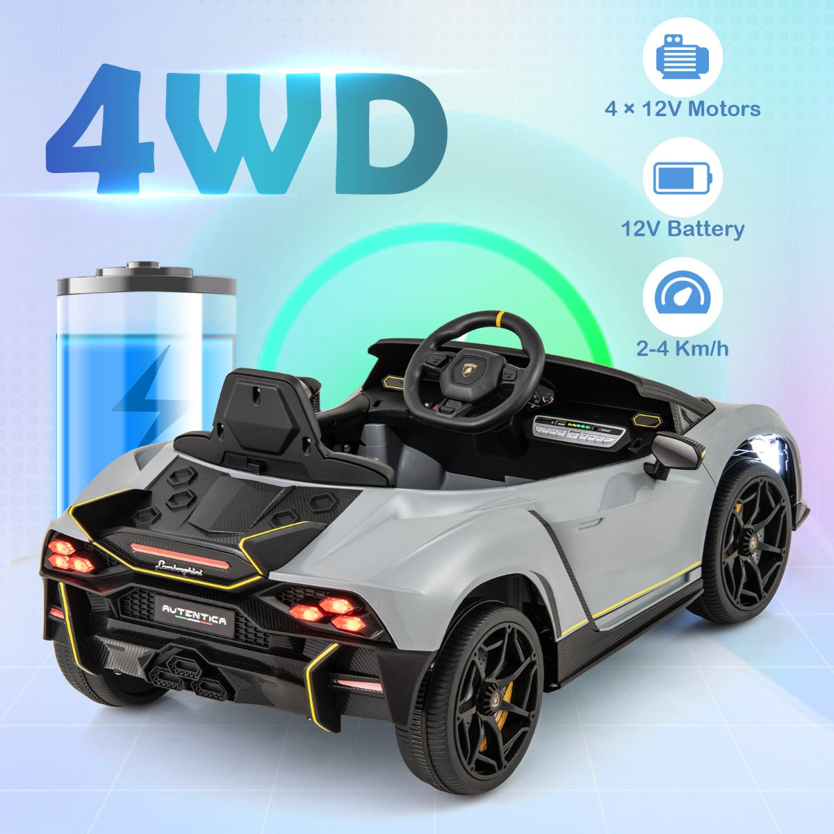 LIVSK Lamborghini Elektrische Kinderauto - 4WD met Afstandsbediening - LED-verlichting - 12V Accu - Voor 3-8 jaar - Grijs/Roze
