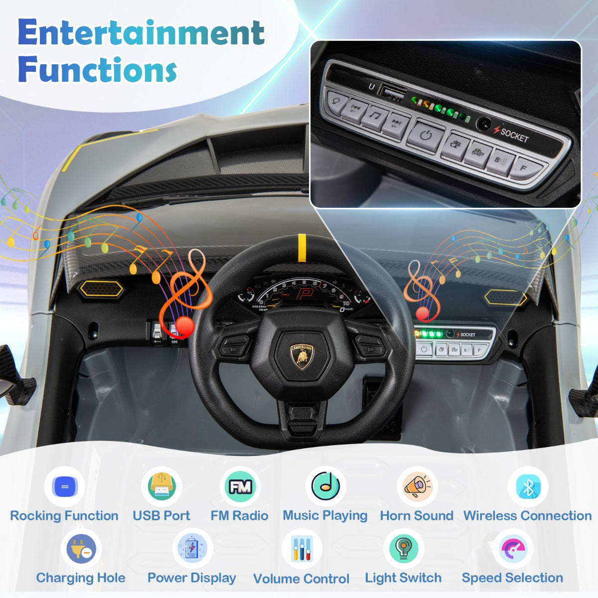 LIVSK Lamborghini Elektrische Kinderauto - 4WD met Afstandsbediening - LED-verlichting - 12V Accu - Voor 3-8 jaar - Grijs/Roze