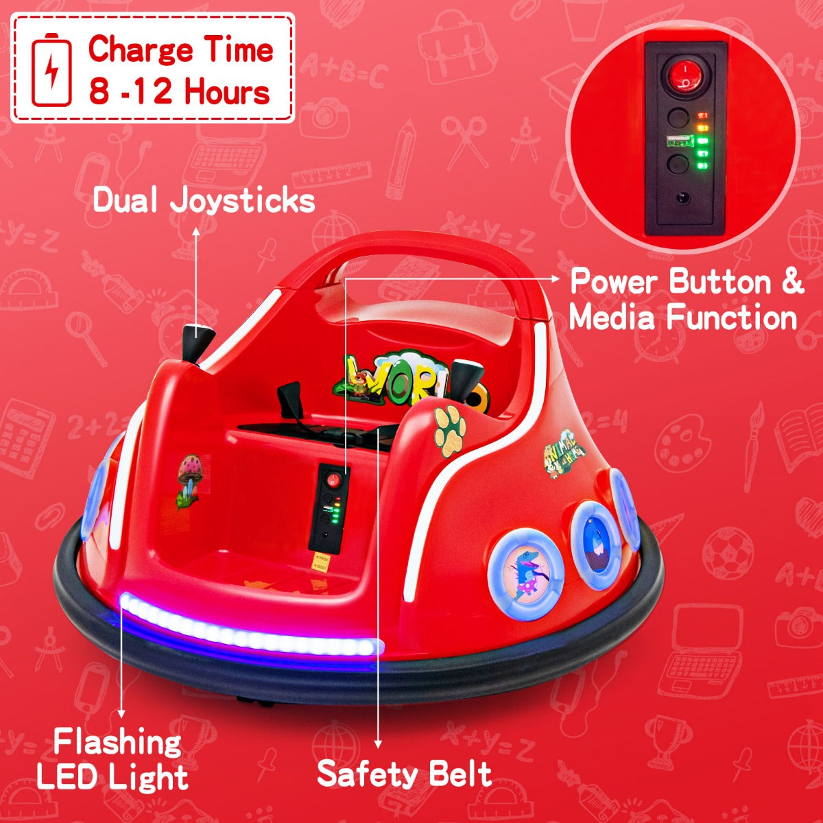 LIVSK Elektrische Kinderautoscooter - 360 Graden Rotatie - Veiligheidsgordel - Knipperende Lichten - Voor 3-8 Jaar - Rood