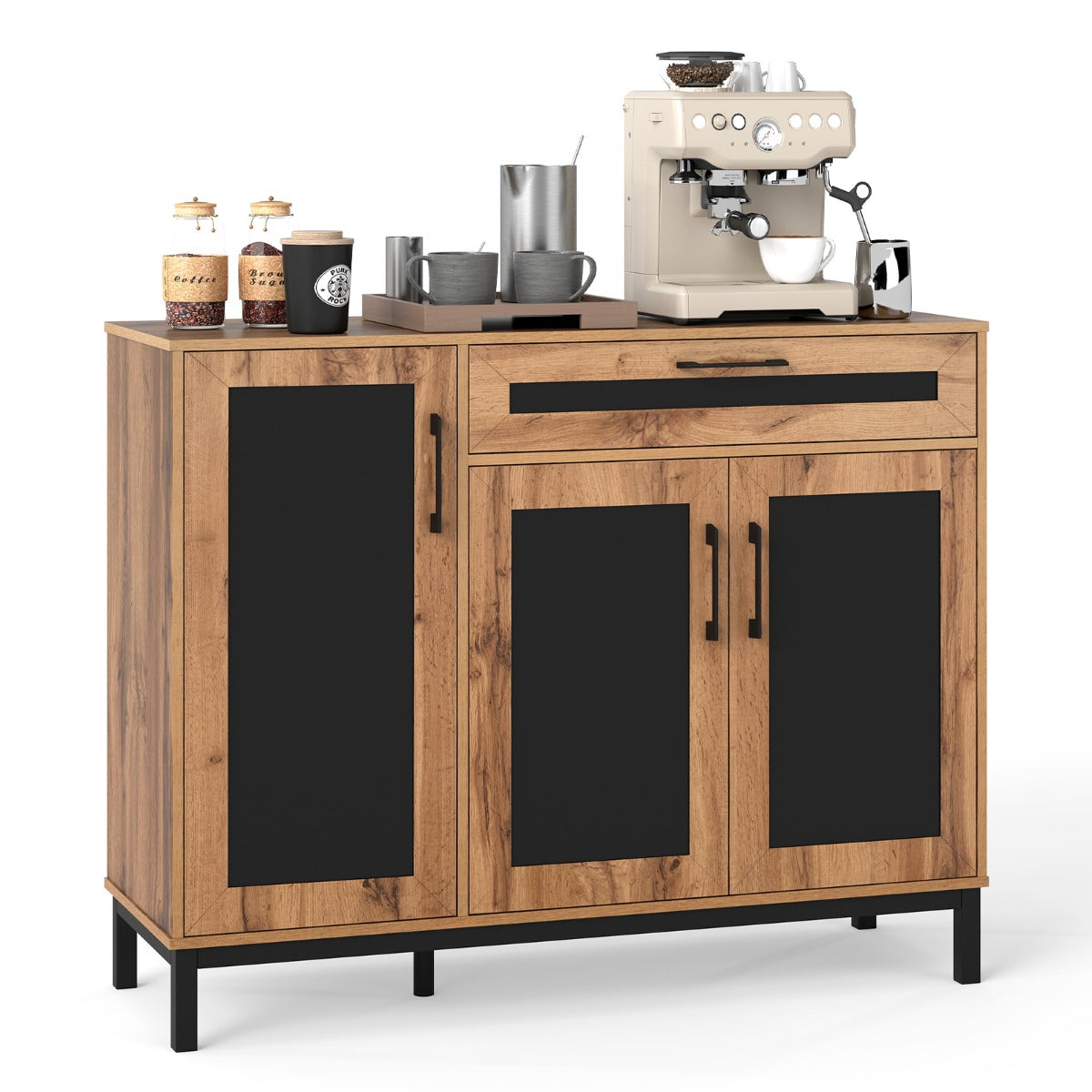 Livsk costway 120 cm buffetkast houten bijzetkast grote boerenkast met lade en uitneembare planken moderne accentkast met 3 deuren 1
