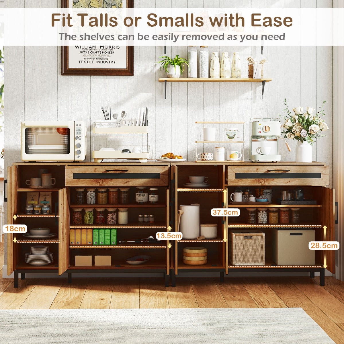 Livsk costway 120 cm buffetkast houten bijzetkast grote boerenkast met lade en uitneembare planken moderne accentkast met 3 deuren